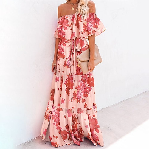 

kvinders afslappet kjole swingkjole boho kjole lang kjole maxi kjole blå gul rød kortærmet blomstret snøre forår sommer off shoulder weekend løs pasform 2023 s m l xl xxl 3xl