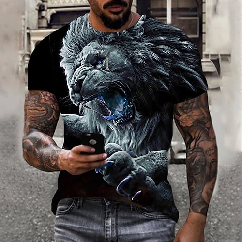 

Christmas The Lion King Mens Graphic Shirt Casual 3D Black Summer Cotton Tee Animal Crew Neck Print Outdoor Street Short Sleeve Clothing Apparel Sports Fashion