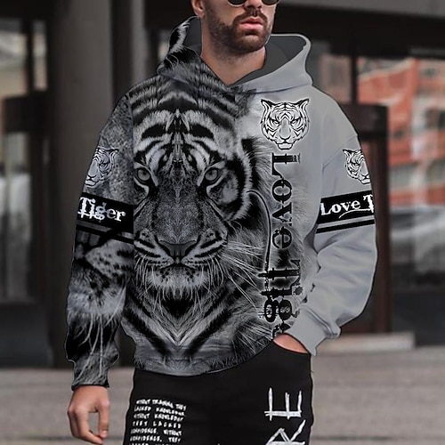 

Men's Hoodie Pullover Hoodie Sweatshirt Gray Hooded Graphic Tiger Print Sports & Outdoor Daily 3D Print Streetwear Designer Casual Spring & Fall Clothing Apparel Hoodies Sweatshirts Long Sleeve