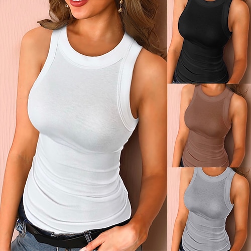 

Women's Tank Top Vest Plain Round Neck Basic Casual Tops Blue White Black