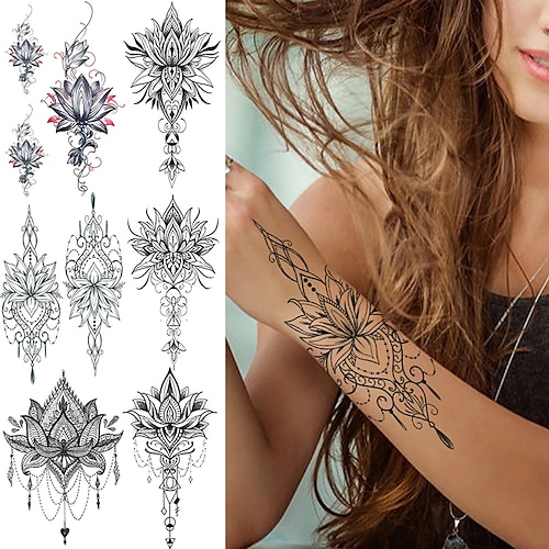 

6 pcs Henna Lotus Temporary Tattoo For Women Fake Jewelry Chains Black Flower Body Art Abstract Tatoo Sticker Transfer Girl Tattoo Sticker