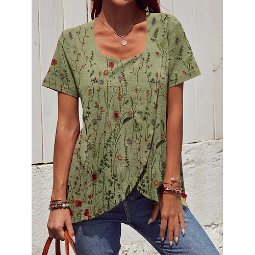 

Women's Shirt Blouse Green Khaki Floral Print Short Sleeve Daily Casual Round Neck Long Floral Plus Size S