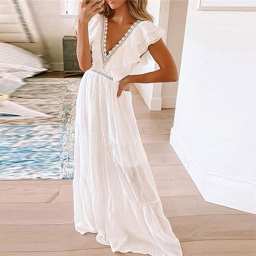 

vestido swing feminino vestido branco vestido longo maxi vestido branco manga curta cor pura renda primavera verão decote em v moderno 2023 s m l xl xxl