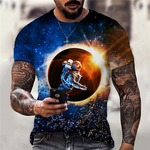 

Homme T shirt Tee Graphic Astronaute Col Ras du Cou Bleu 3D effet du quotidien Des sports Manches Courtes Imprimer Vêtement Tenue Sportif Design Casual Classique / Eté / Eté