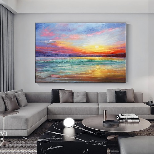 

Handmade Oil Painting Canvas Wall Art Decoration Abstract Seascape Painting The Ocean at Dusk for Home Decor Rolled Frameless Unstretched Painting