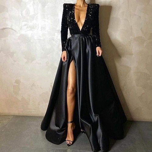 

Women's Party Dress Sequin Dress Cocktail Dress Long Dress Maxi Dress Wine Red Black Blue Long Sleeve Pure Color Sequins Winter Fall Spring V Neck Fashion Winter Dress Christmas Evening Party 2022 S