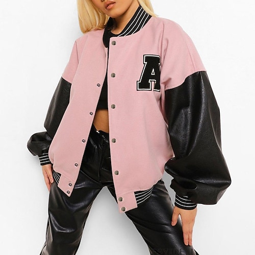 

Women's Bomber Jacket Casual Jacket Varsity Jacket Street Daily Going out Fall Winter Regular Coat Stand Collar Regular Fit Thermal Warm Breathable Streetwear Casual Jacket Long Sleeve Color Block