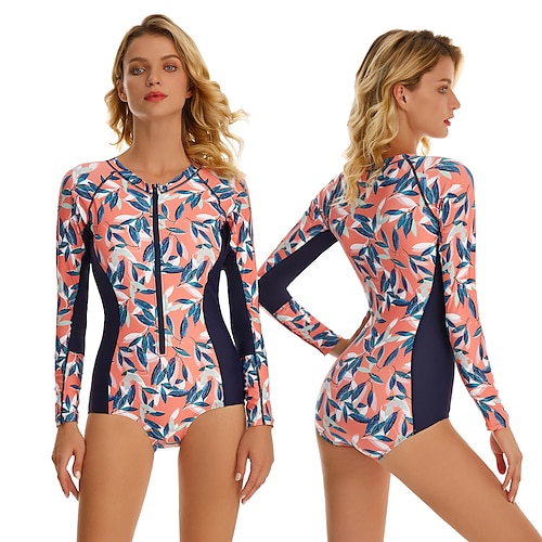 

Women's Rash Guard One Piece Swimsuit UV Sun Protection UPF50 Breathable Long Sleeve Bodysuit Bathing Suit Front Zip Swimming Surfing Beach Water Sports Floral Autumn / Fall Spring Summer / Stretchy