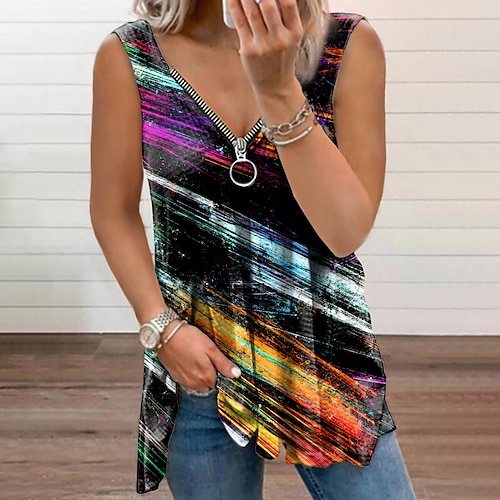 

Women's Tank Top Vest Black Tie Dye Flowing tunic Quarter Zip Sleeveless Daily Weekend Streetwear Casual V Neck Regular S / 3D Print / Print