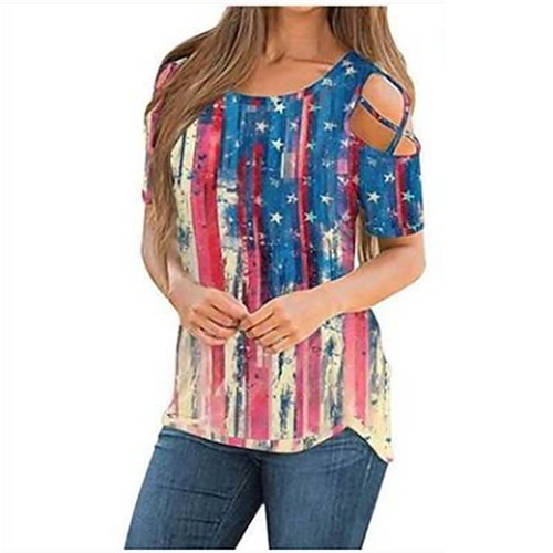 

Women's T shirt Tee Blue Wine Orange USA National Flag Cut Out Cold Shoulder Short Sleeve Casual Weekend Basic Round Neck Regular Painting S / 3D Print / Print