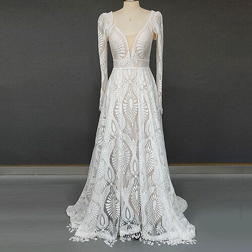 

A-Line Wedding Dresses V Neck Spaghetti Strap Court Train Lace Sleeveless Boho Sexy with Appliques 2022