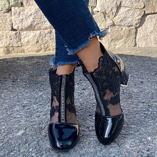 

Women's Boots Summer Boots Booties Ankle Boots Lace Chunky Heel Round Toe Daily Outdoor Faux Leather Zipper Spring Summer Embroidered White Black Rosy Pink