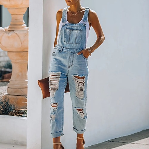 

Women's Overall Backless Pocket Solid Color Square Neck Daily Going out Regular Fit Sleeveless Light Blue S M L Spring / Cut Out