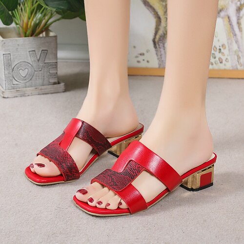 

Women's Sandals Daily Summer Block Heel Round Toe PU Leather Loafer Solid Colored Dark Brown Black Light Red