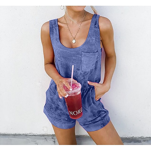 

Women's Casual Short Sleeve Pocket Tie Dye Jumpsuit Rompers