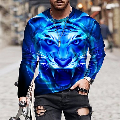 

Men's T shirt Tee Animal Tiger Crew Neck Blue 3D Print Outdoor Street Long Sleeve Print Clothing Apparel Sports Fashion Sportswear Casual / Summer / Spring / Summer