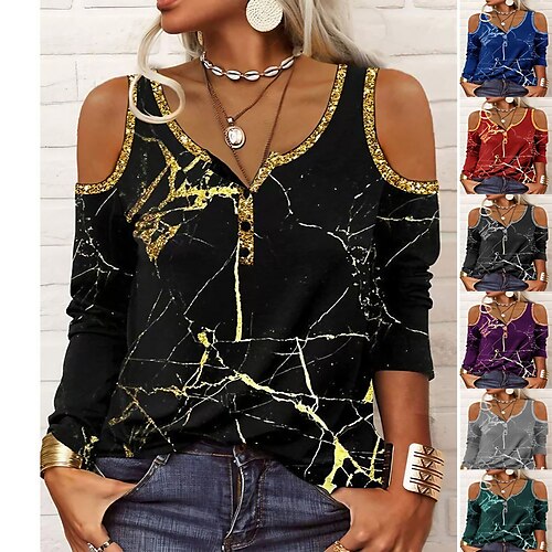 

Women's popular tops printed off-the-shoulder long-sleeved t-shirts spring summer