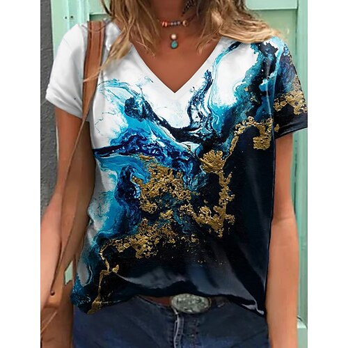 

Women's T shirt Tee Blue Graphic Geometric Print Short Sleeve Casual Holiday Basic V Neck Regular Abstract Painting S / 3D Print