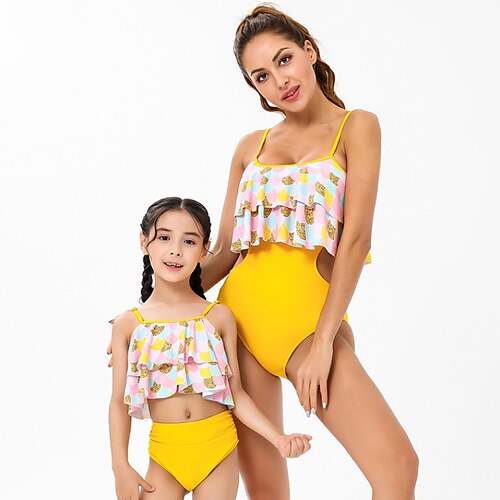 

Mommy and Me Swimsuit Color Block Ruffle Yellow Sleeveless Adorable Matching Outfits