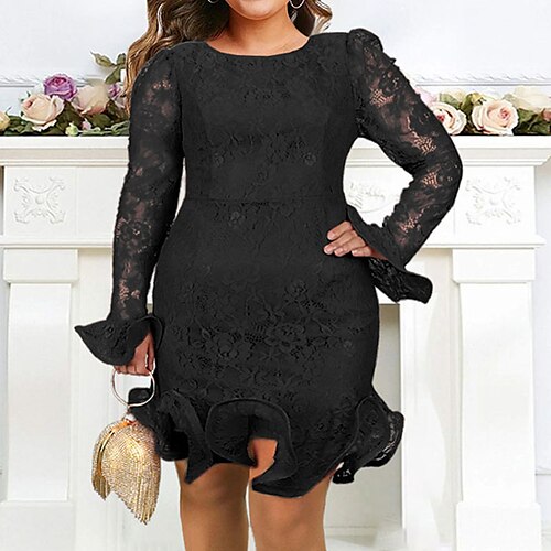 

Women's Plus Size Party Dress Solid Color Crew Neck Ruffle Long Sleeve Fall Winter Basic Prom Dress Short Mini Dress Party Vacation Dress / Lace