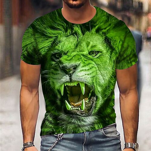 

Men's T shirt Tee Animal Lion Crew Neck Green Blue Yellow 3D Print Outdoor Street Short Sleeve Print Clothing Apparel Sports Fashion Sportswear Casual / Summer / Spring / Summer