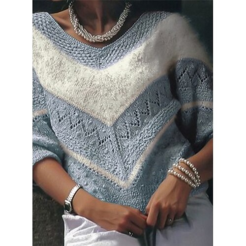 

Pull Maille Femme Crocheté Tricoter Tricoté Garniture en dentelle Bloc de couleur Col V à la mode Elégant Extérieur du quotidien manche longue Printemps Eté Bleu Rose Claire S M L / Vacances / Casual