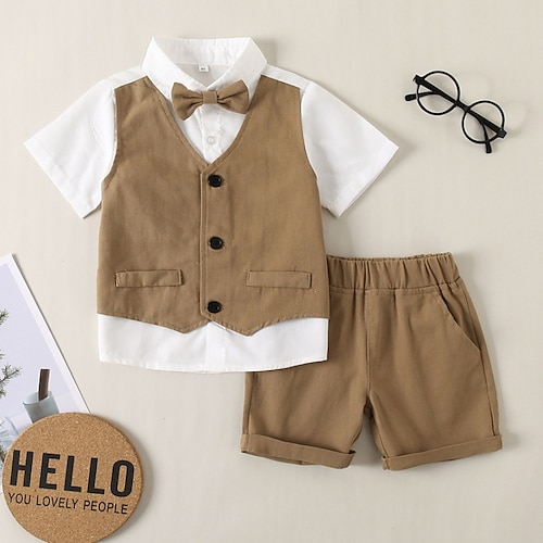 

2 Pieces Kids Boys Shirt & Shorts Clothing Set Outfit Solid Color Short Sleeve Bow Cotton Set Outdoor Cool Gentle Spring Summer 1-5 Years Wine Dusty Blue Brown