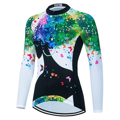 

21Grams Women's Cycling Jersey Long Sleeve Bike Top with 3 Rear Pockets Mountain Bike MTB Road Bike Cycling Breathable Quick Dry Moisture Wicking Reflective Strips BlueGreen Graffiti Polyester