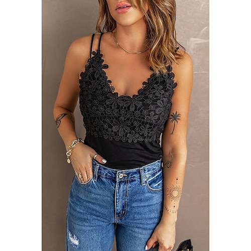 

Women's Tank Top Shirt Black Floral Plain Lace Sleeveless Beach Weekend Casual V Neck Regular Floral S