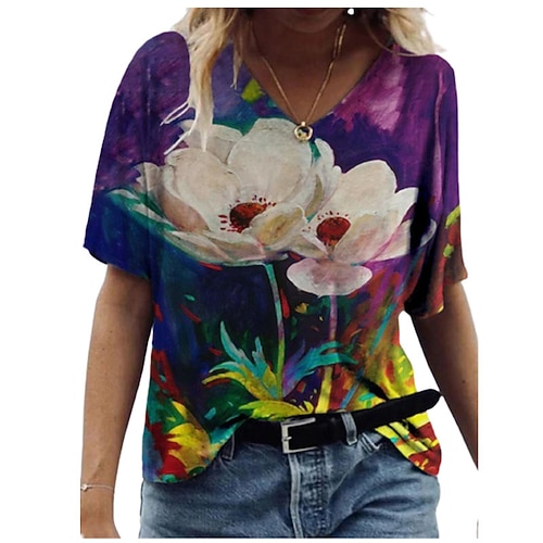 

Women's T shirt Tee Blue Purple Navy Blue Floral Butterfly Print Short Sleeve Casual Holiday Basic V Neck Regular Floral Abstract Butterfly S / 3D Print