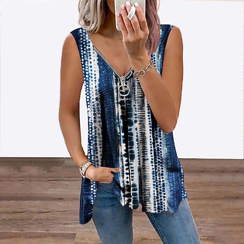 

Women's Tank Top Vest Green Blue Purple Tie Dye Striped Flowing tunic Quarter Zip Sleeveless Daily Weekend Streetwear Casual V Neck Regular S / 3D Print / Print