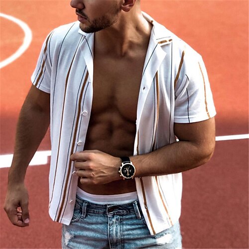 

Men's Shirt Graphic Striped Turndown White Outdoor Street Short Sleeve Button-Down Print Clothing Apparel Fashion Casual Breathable Comfortable / Summer