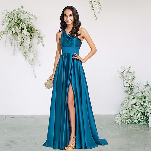 

A-Line Bridesmaid Dress One Shoulder Sleeveless Elegant Sweep / Brush Train Charmeuse with Pleats / Split Front 2022