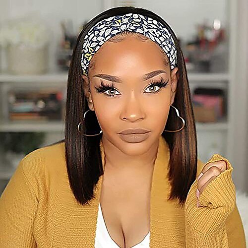 

Headband Bob Wig for Black Women, 8 Inch Glueless None Lace Short Straight Black Bob Wig with Headband (Highlight Brown)(No Colored Headband)