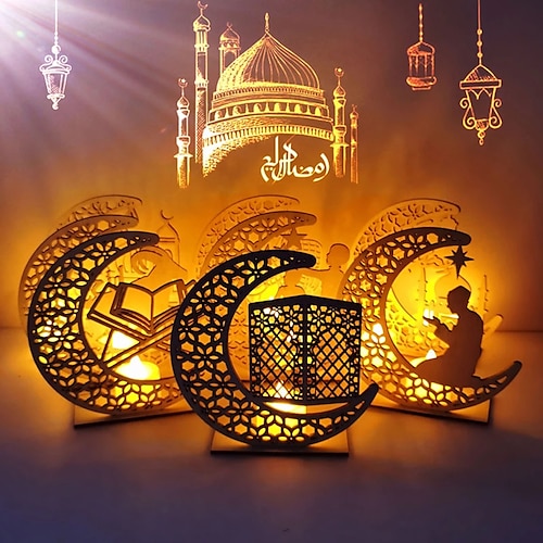 

Ramadan Eid Mubarak Lights LED Wooden Night Light Decoration Lamp Star Moon Light Islamic Muslim Festival Home Decorations