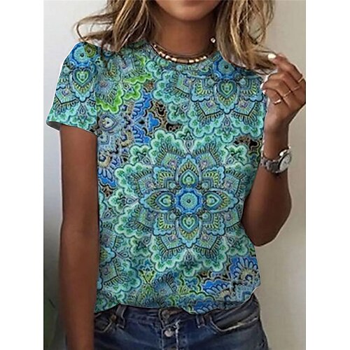 

Women's T shirt Tee Green Graphic Floral Short Sleeve Casual Daily Basic Vintage Boho Round Neck Regular Floral Geometric S / 3D Print