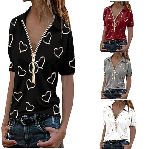 

Non-positioning printing women's blouse summer v-neck zipper t-shirt casual short-sleeved sleeve t-shirt