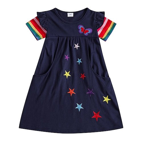 

Kids Little Girls' Dress Galaxy Butterfly Flower A Line Dress Daily Vacation Embroidered Fuchsia Navy Blue Light Blue Knee-length Short Sleeve Cute Sweet Dresses Children's Day Summer Regular Fit 1 PC