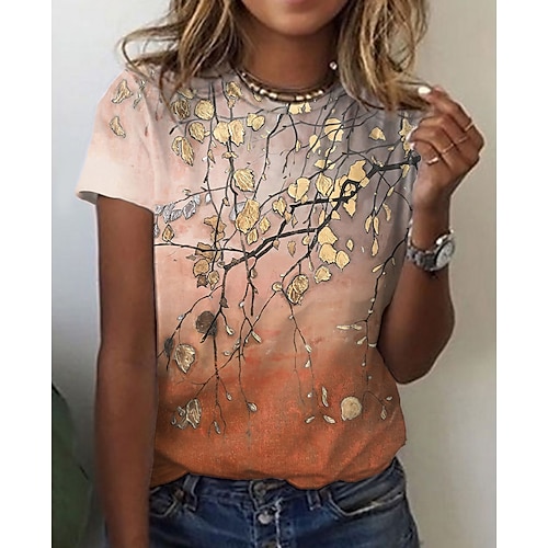 

Women's Casual Holiday Weekend Floral Painting T shirt Tee Floral Short Sleeve Print Round Neck Basic Tops Green Blue Purple S / 3D Print
