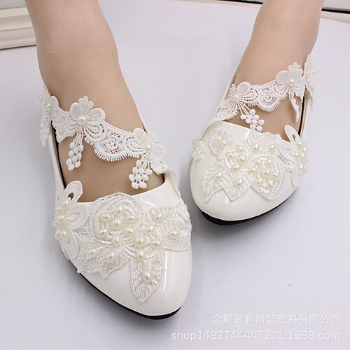 

Women's Wedding Shoes Wedding Wedding Flats Bridal Shoes Summer Pearl Lace Flat Heel Round Toe Ballerina Faux Leather Loafer Solid Colored White