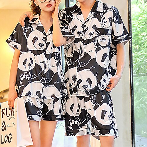 

Women's Couple's Pajamas Sets Nighty 1 set Animal Panda Simple Comfort Sweet Home Daily Bed Satin Lapel Short Sleeve Shirt Shorts Print Pocket Spring Summer Black / Silk