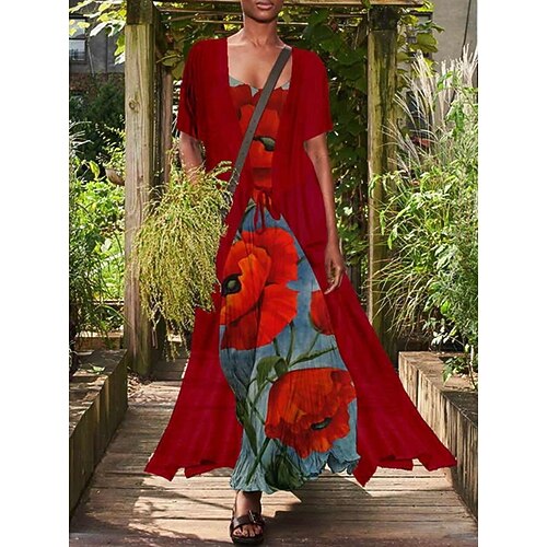 

Women's Dress Set Two Piece Dress Long Dress Maxi Dress Dusty Blue Red Short Sleeve Floral Ruched Spring Summer Crew Neck 2022 S M L XL XXL 3XL 4XL 5XL
