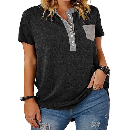 

Women's Plus Size Tops Blouse T shirt Tee Plain Pocket Button Short Sleeve V Neck Streetwear Preppy Daily Going out Polyester Spring Summer White Black