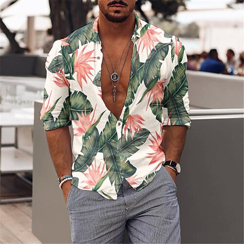 

Homme Chemise Graphic Plantes Col rabattu Vert Extérieur Plein Air Manches Longues Bouton bas Imprimer Vêtement Tenue Mode Casual Respirable Confortable