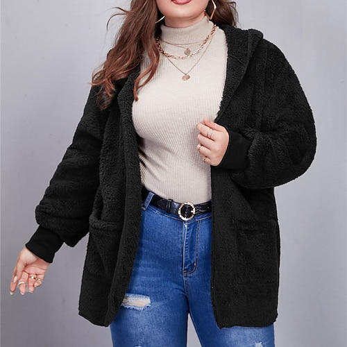 

Women's Plus Size Teddy Coat Plain Outdoor Causal Long Sleeve Hoodie Regular Winter Fall Black L XL XXL 3XL 4XL