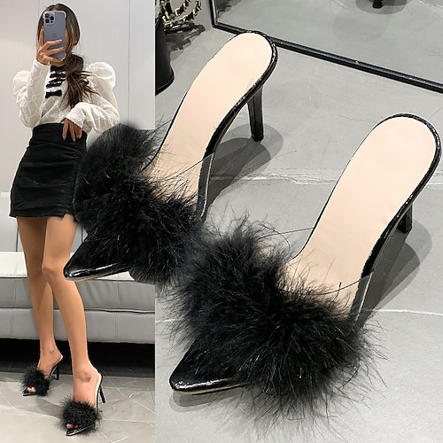 

Women's Sandals Party Club Sexy Shoes Furry Feather Summer Pom-pom High Heel Pointed Toe Sexy Walking Shoes PU Leather Loafer Solid Colored Black Yellow Red