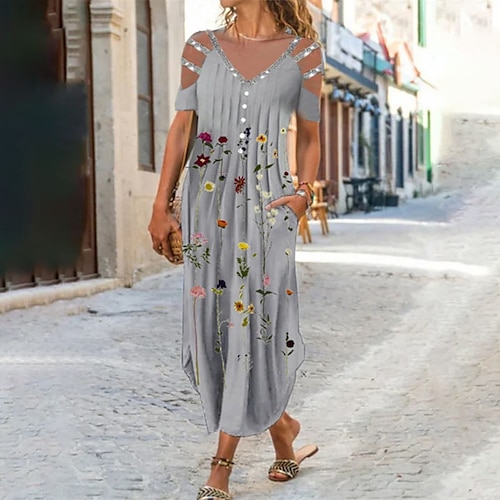 

Women's Shift Dress Long Dress Maxi Dress Gray Short Sleeve Floral Ruched Spring Summer V Neck Stylish Weekend Loose Fit 2023 S M L XL XXL