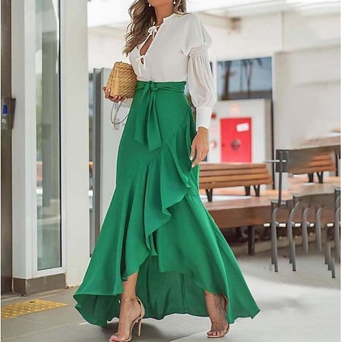 

Women's Sexy Flamenco Trumpet / Mermaid Skirts Party Date Solid Colored Ruffle Green Black Wine S M L / Asymmetrical / Slim