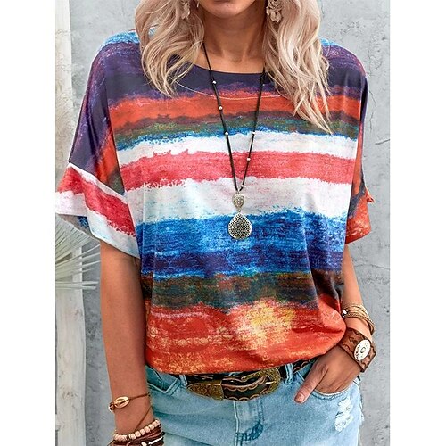 

women's clothing cross-border gradient contrast color women's short-sleeved t-shirt