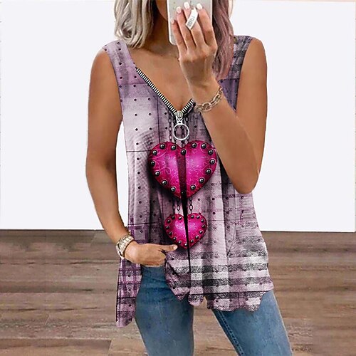 

Women's Tank Top Vest Green Blue Pink Heart Flowing tunic Quarter Zip Sleeveless Daily Beach Streetwear Casual V Neck Regular S / 3D Print / Print